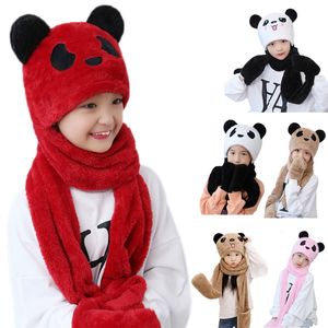 Toddler Çocuklar Bebek Kış 3 1 Şapka Uzun Eşarp Eldiven Seti Sevimli Panda Hayvan Kulakları Kalınlaşmak Fuzzy Peluş Hoodie Earflap Kap