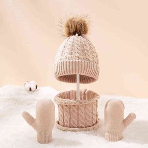 3шт зимняя мягкая детская шапка шарф перчатки набор мультфильм большой помпам новорожденный капот открытый теплый дети младенческие козлы варежки