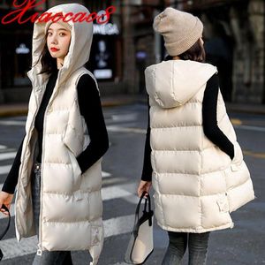 Women's Vests Winter Down Cotton Gilet Femme Hooded Long Vest Coat Women Solid Sleeveless Jacket 2021 Autumn Plus Size Waistcoat