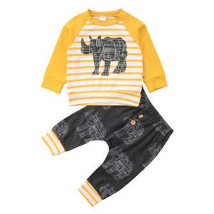 Baby Boys 2 Pcs Outono Roupas de Outono Rhinoceros Imprimir Manga Longa T-shirt listrada + Long Harem Pant Outfit Outfit Set G1023