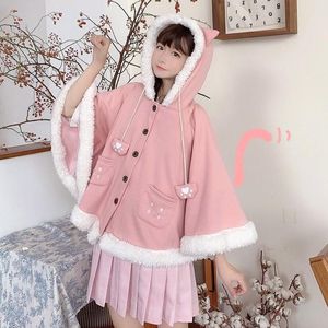 Kadın Yün Karışımları Kawaii Kız Lolita Cape Palto Sonbahar Kış Uzun Kollu Yün Ceket Hardigan Kedi Kulakları Peluş Pelerin Kadın Sevimli Kapşonlu