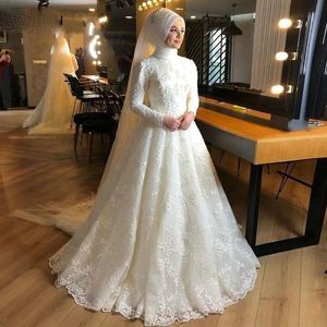 Abiti musulmani a collo alto con maniche lunghe in pizzo Applique Sweep Train plus size abiti da sposa arabi su misura Vestido de novi 403