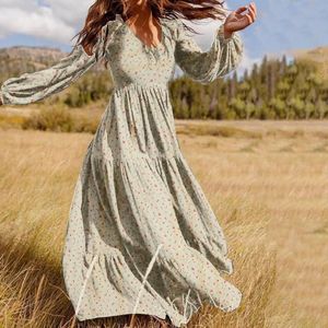 Günlük Elbiseler Sonbahar Kış Çiçek Şifon Uzun Elbise Kadın V Yaka Yüksek Bel Ince Vintage Zarif Robe Maxi Big Hem Vestidos Femme