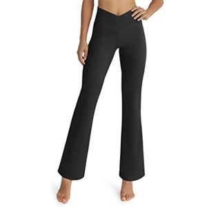 Calça feminina cintura v micro queimada lu-008 roupas de yoga lazer esportes calças alinhar sulco roupas de yoga pernas largas leggings de ginástica