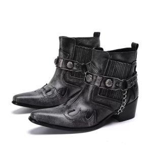 Siyah modaya uygun elbise yüksek top sonbahar parti ayakkabıları erkek ayak bileği kovboy İngiliz erkekler sivri uçlu ayak parmağı orijinal deri kısa botlar 805 's