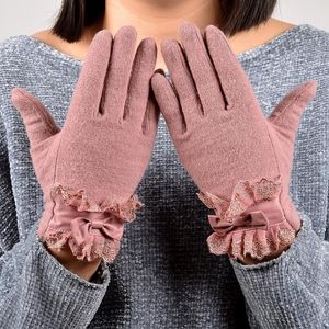 Перчатки без пальцев [BYSIFA] Дамы розовые волосы шерсть варежки мода женщины элегантные кружевные вышивка галстук толстый теплый мягкий