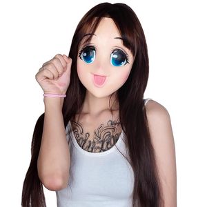 Parti maskeleri (LK102) Büyük Gözler Kız Yarım Kafa Lateks Kigurumi Maske Karikatür Cosplay Japon Anime Rol Lolita Crossdress Silikon Bebek