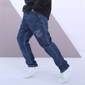 Kot Çocuk Erkek Moda Çocuk Uzun Pantolon Delik Denim Mavi Pantolon Genç Okul Elastik Bel Kovboy Giysileri için Katı 210622