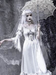 Günlük Elbiseler Kan Kaynağı Orijinal Tasarım Sad Gelin Beyaz Gotik Saten Elbise Kol Lolita Holloween Orta Uzun Ruffled Vestidos