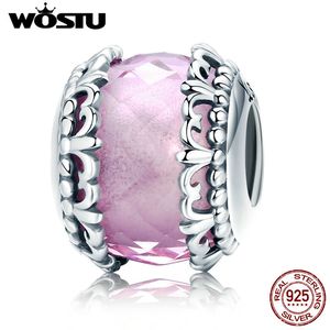 WOTU Otantik 925 Ayar Gümüş Fleur-de-Lis, Pembe Kristal Boncuk Fit Orijinal DIY Charm Bilezik Güzel Takı Hediye CQC711 Q0531