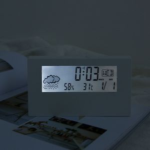 Die neuesten Tischuhren, LCD-Thermometer und -Hygrometer, elektronischer Wecker, integrierte, leuchtende Wetteranzeige, Unterstützung für individuelles Logo