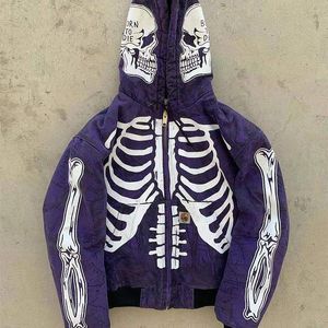 Мужская уличная одежда High Street Skull Skeleton Print Hoodie Jackets Oversized Casual Sweatshirt Fashion Vintage Coats Осень S-4XL