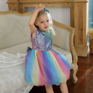 Cute Bow Kids Dresses For Girls Rainbow Tutu Wedding Gown 1 2 3 4 5 Year Birthday Gift Baby Party Wear Toddler Girl Clothes Q0716