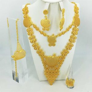 Moda Düğün Gelin Kristal Takı Setleri Afrika Boncuk Dubai Altın Renk Bildirimi Mücevher Kostüm 211015