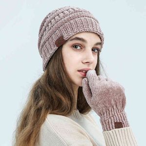 Beaine Şapka Eldiven Seti Kadın Şönil Kitted Kış Seti Kızlar Için Katı Pembe Şapka Kalınlaşmak Kasketleri Caps