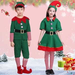 Noel Cosplay Cadılar Bayramı Kostümleri Çocuklar Çocuk Kızlar için Elf Grinch Elbise Yeni Yıl Noel Karnaval Parti Noel Baba Şapka Hediye Ile Q0910