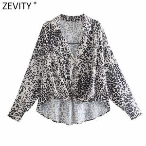 ZEVITY Kadınlar Vintage Leopar Baskı Horn Düğümlü Gevşek Smock Bluz Kadın Uzun Kollu Kimono Gömlek Chic Blusas Tops LS9310 210603