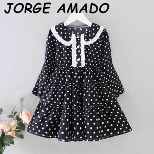 Meninas vestido outono outono bolinhas preto branco manga longa princesa para crianças roupas e20503 210610