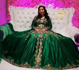Zarif Yeşil Müslüman Örgün Abiye Uzun Kollu Altın Aplikler Boncuklu Kristaller Arapça Dubai Ünlü Parti Abiye Fas Kaftan Özel Durum Abaya