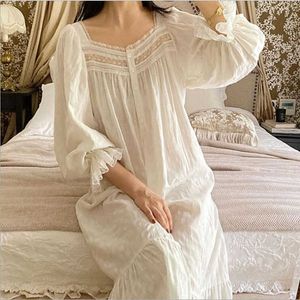 Princess Vintage White Color Full Sleeves Nightgowns Women Autumn Pure Cotton Long Night Dress Girls Sweet Soft Home 210924