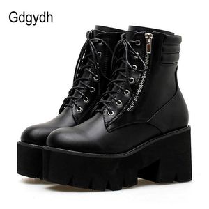 GDGYDH оптом осенние ботильоны для женщин для женщин мотоцикл ботинки коренастые каблуки повседневная шнуровка круглые носки платформы ботинки женские Y0914