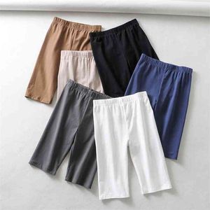 sexy women cotton high waist elastic pure color slim Knee-Length bike shorts female 210607