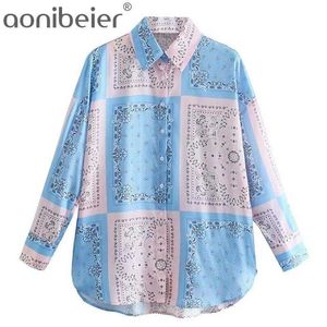 Camicia allentata da donna estiva stampata a colori blu rosa stampata Camicia allentata con spalla alta e orlo basso femminile a quadri lunghi 210604