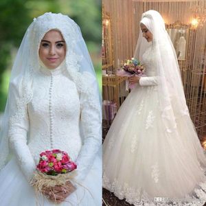 Long Sleeves Muslim Wedding Dresses Bridal Gown Custom Made Vestidos De Novia Covered Buttons High Neck Sweep Train Lace Applique Sequins Plus Size 403