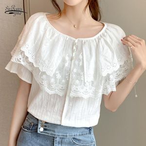 Bloups feminina camisas coreanas tops e roupas sólidas de cadeira de renda de verão elegante moda 2021 manga curta BLUSA FEMININA 9058 50