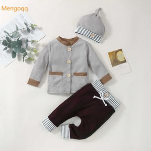 Новый Baby Boy Girl Tops Длинные рукава Карманные Детские Данды Новорожденные Шляпы Мальчики Наряда Рубашка Пальто Брюки Шляпка 3 шт. Установите Осенняя Одежда 3-18 м G1023