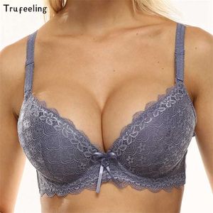 Trufeeling Sexy Women Lingerie Bras for Push Up Lace Floral Bra Supper Padded Bra Top Underwired Underwear Plus size 85B-100C 211110