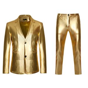 Erkek Parlak Altın 2 Parça Takım Elbise (Blazer + Pantolon) Terno Masculino Moda Parti DJ Kulübü Elbise Smokin Takım Elbise Erkekler Sahne Şarkıcı Giysileri X0909