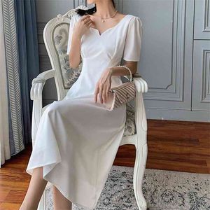 Minimalist Beyaz Çay Break Elbise Fransız Yüksek Bel Drape V Yaka Zarif Siyah Parti Mizaç Kadın Yaz 210601
