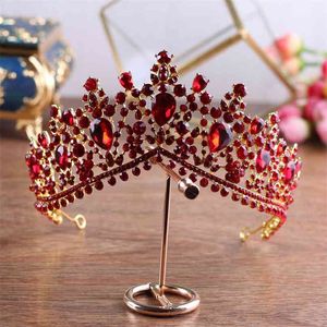 Luxo ouro vermelho nupcial tiaras coroa vintage barroco de cristal diadema para noivas headbands acessórios de cabelo de casamento 210707