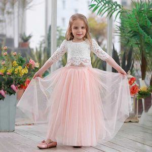 Оптовая весенняя летняя одежда для девочек половина рукава кружева топ + шампанское розовая длинная юбка детская одежда 2-11t e17121 210610