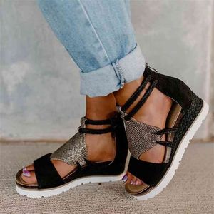 Sandals Sandals Womens Womens Wedge Heel Open Toe Fish Fish Negócios Comércio Romano Estilo Sandálias Sapatos Flock Zipper Plus Size Shoes 210709