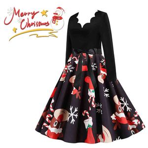 Vintage Noel Elbise Kadınlar Kış Rahat Uzun Kollu V Boyun Seksi Yeni Yıl Parti Elbiseler Büyük Salıncak Kadın Zarif Elbise Robe 210422