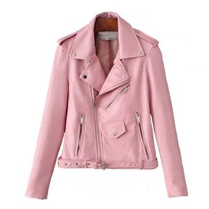 Vielleicht U Damen Pu-Kunstleder-Outwear-Jacke, Taschen-Reißverschluss, rosa, gelb, solide High Street C0034 210529