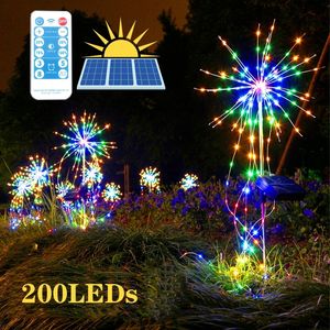 200 LED Güneş Fireworks Işık Dizeleri Açık Dandelion IP65 Su Geçirmez Flaş Dize 8 Modları Uzaktan Kumanda Bahçe Çim Peyzaj Noel Işıkları