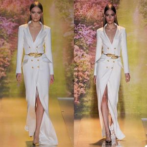 2021 Kadınlar Beyaz Gelinlik Modelleri V Boyun Uzun Kollu Bölünmüş Arapça Örgün Elbise Abiye giyim Peplum Robe de Soiree