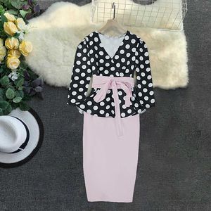 Kadın Siyah Polka Dot 3/4 Kol Retro Peplum Elbise MIDI Uzunluğu Ofis Bayanlar Zarif Elbiseler Streç Pileli S XXL Artı Boyutu 210527