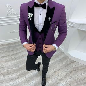 Özelleştirilmiş Damat Düğün Smokin Purple 3 Parçası İnce Fit Pantolon Takım Partisi İş Kıyafet Kıyafet Ceket Yelek Siyah Pantolon Ücretsiz Bow Tie