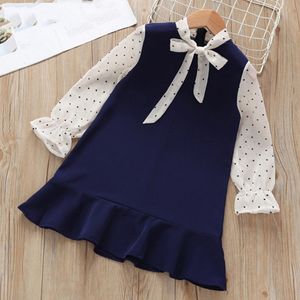Kız Elbiseler İlkbahar Sonbahar Uzun Kollu Çocuk Giysileri Dikiş Yapma Zorunluluk Sahte 2 adet Childenclothes 210515