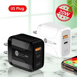 Tip-C 20 W PD ve QC 3.0 Çift Bağlantı Noktaları USB PD20WFast Duvar Şarj Ile ABD AB İNGILTERE Fiş iPhone 12 11 Pro Max Ipad Xiaomin Huawei Cep Telefonu