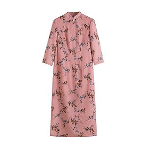 Kadın Pembe Cheongsam Çin Tarzı Mandarin Yaka Yarım Kollu Çiçek Baskı Diz Boyu Zarif Elbise Yaz D1728 210514