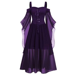 Günlük Elbiseler Vintage Ortaçağ Robe Cosplay Kostüm Womne Artı Boyutu Soğuk Omuz Kelebek Kollu Lace Up Cadılar Bayramı Prenses Elbise # G3
