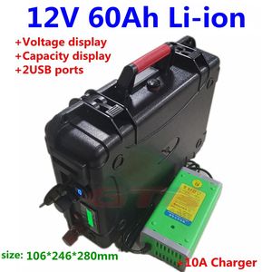 Portable 12V 60Ah 50ah 50ah Lithium Li Ion Battery Battery 12V с BMS для троллинговой энергии двигателя хранения RV резервное копирование мощности + 10А зарядное устройство