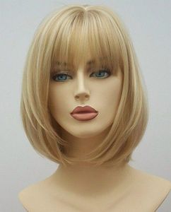 Parrucca sintetica bionda Parrucche Bobo per capelli umani di simulazione dritta con frangia per donne bianche nere ZHSWH83