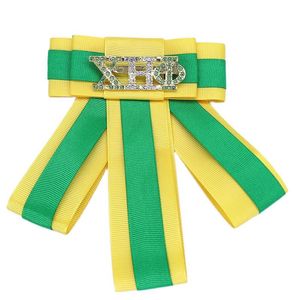 Pimler broşlar el yapımı şık yeşil sarı yay düğümü xho etiketi Yunan Soror Bows kravat chi eta phi yakası mücevher