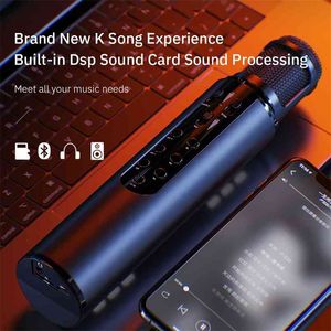 Беспроводной конденсатор-студийный микрофон для телефона Караоке Bluetooth-динамик Микро встроенный звуковой картой Voice Changer 210610